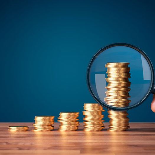 Coins examined with magnifying glass