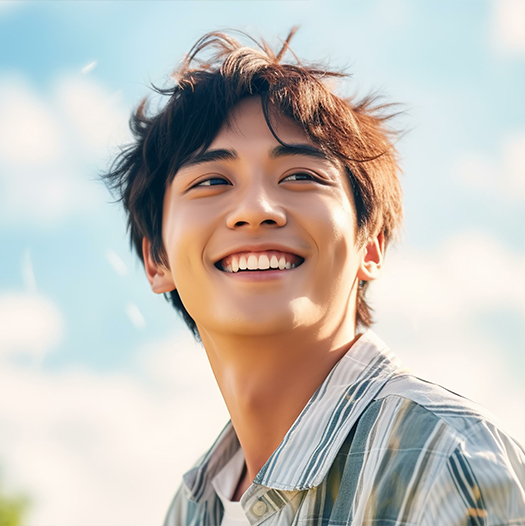 Young man in collared shirt smiling outdoors