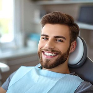 Handsome, smiling man in dental treatment chair